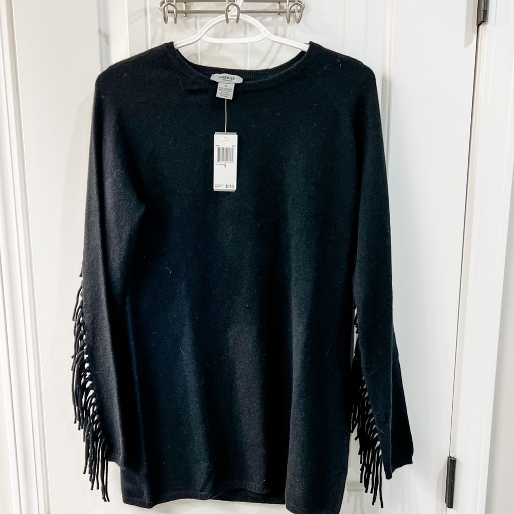 Premise Black 100% Cashmere Sweater With Fringe Sleeves Size Small and Medium